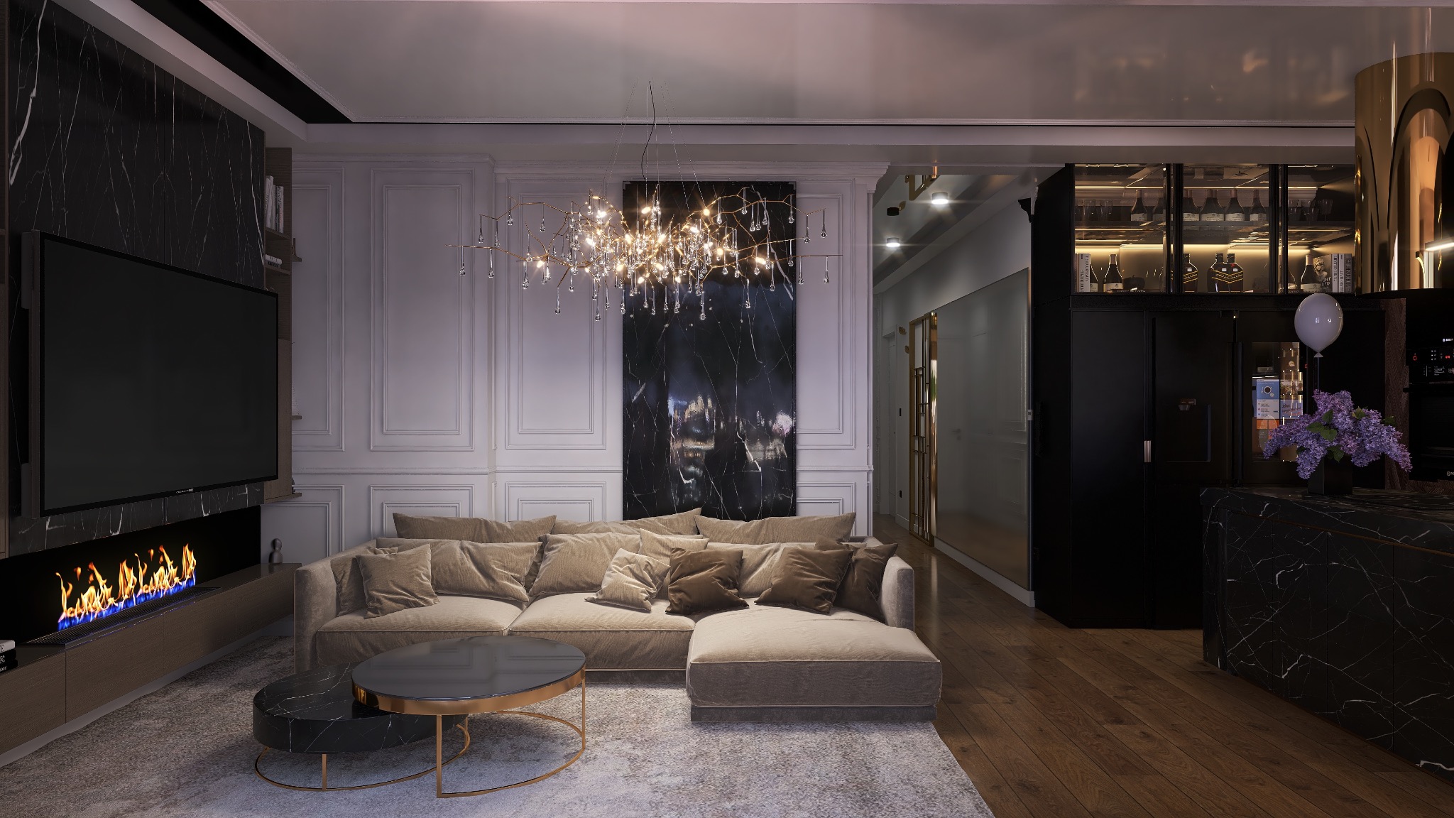 Elegancki salon z narożnikiem w odcieniach beżu, marmurowym stolikiem kawowym i kominkiem pod telewizorem. W tle dekoracyjna lampa i grafika na ścianie.
