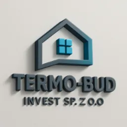 Grafika z logo firmy Terumo-Bud Invest Sp. z o.o. w odcieniach szarości i błękitu, przedstawiająca zarys domu z oknem na jasnym tle.