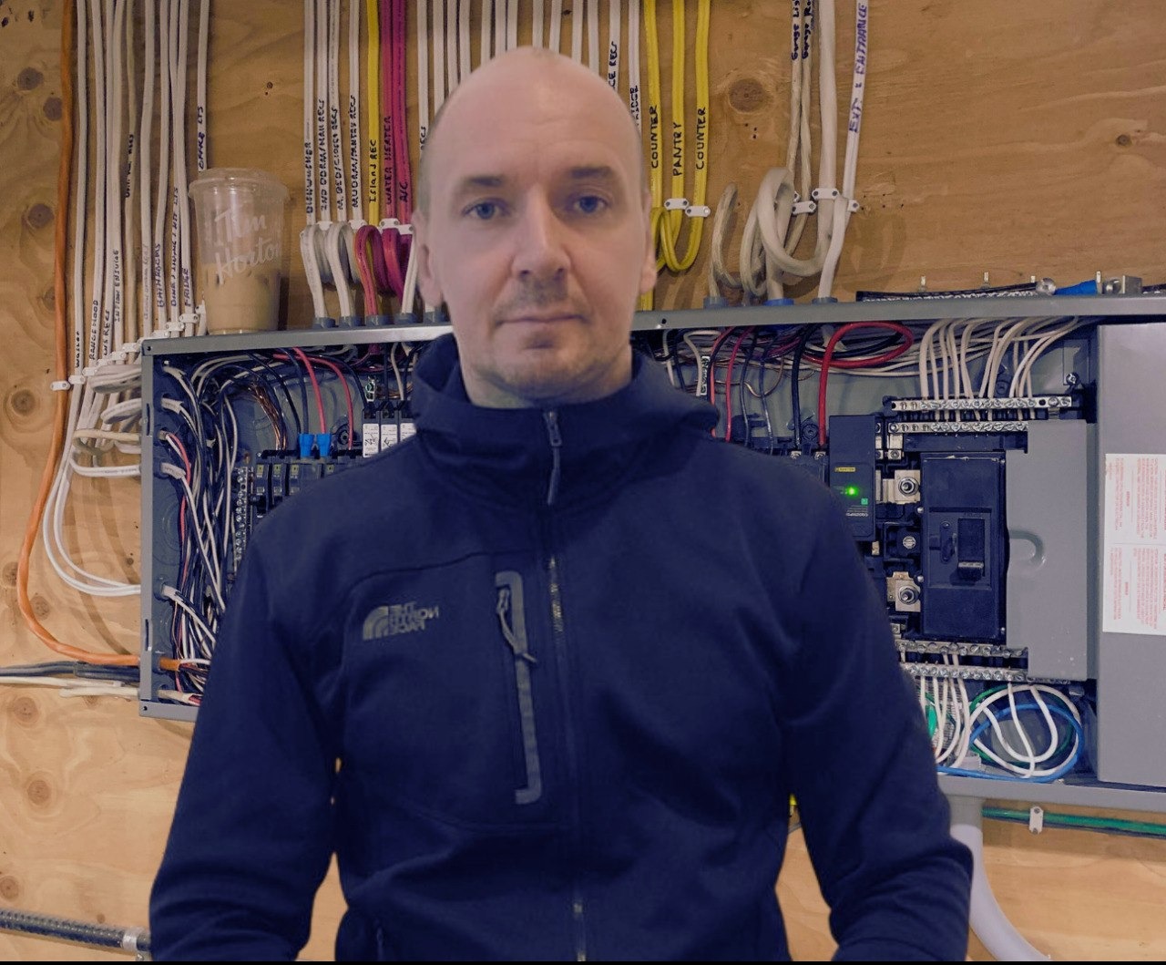 Mężczyzna na tle skrzynki elektrycznej z okablowaniem, z napisem na ścianie i kubkiem Tim Hortons. Instalacja elektryczna w trakcie prac.