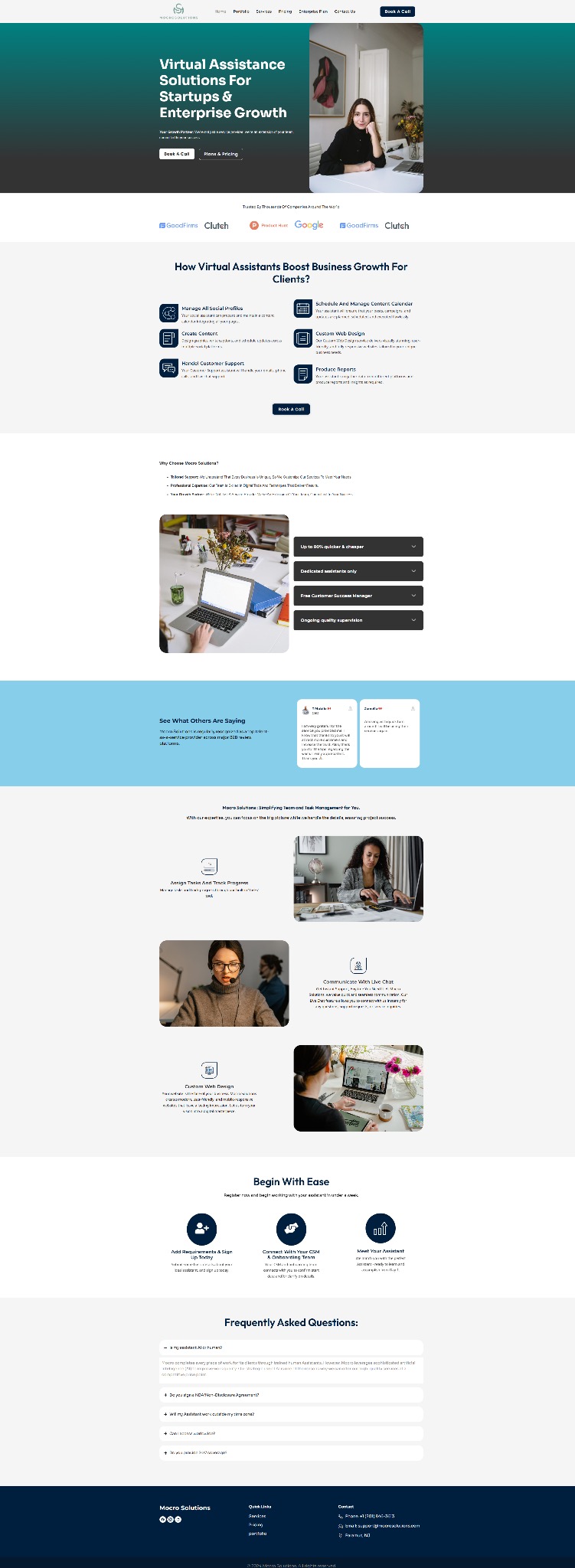 Strona internetowa firmy oferującej wirtualną asystę dla startupów i firm. Widoczna oferta, logo, opinie klientów i sekcja FAQ. Grafika strony w nowoczesnym stylu.