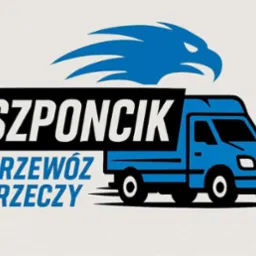 Ilustracja z niebieskim busem i napisem 'SZPONCIK PRZEWÓZ RZECZY', nad nim stylizowany orzeł. Grafika w tonacji niebieskiej i czarnej na jasnym tle.