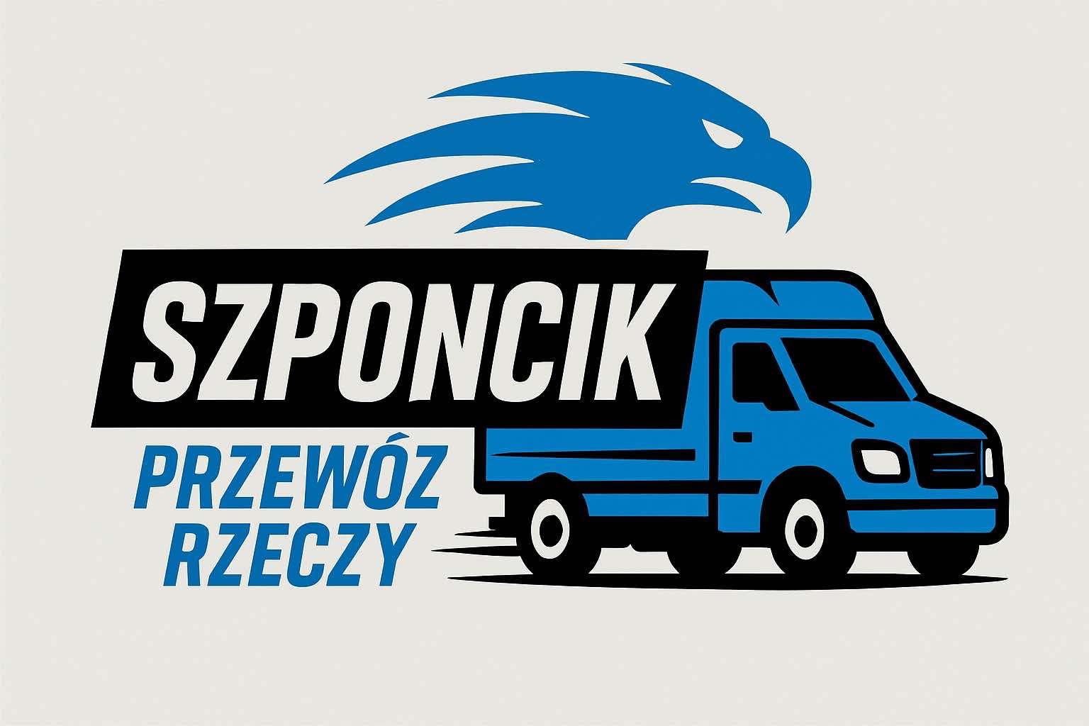 Ilustracja z niebieskim busem i napisem 'SZPONCIK PRZEWÓZ RZECZY', nad nim stylizowany orzeł. Grafika w tonacji niebieskiej i czarnej na jasnym tle.