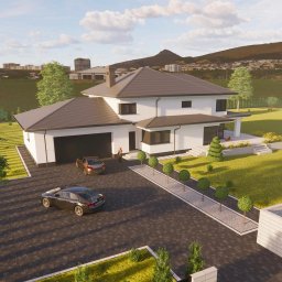 Cobblestone sp.z.o.o. - Wizualizacja domu jednorodzinnego z garażem, podjazdem z kostki brukowej i zadbanym ogrodem. W tle góry i zabudowa miejska. Dwa auta na podjeździe.