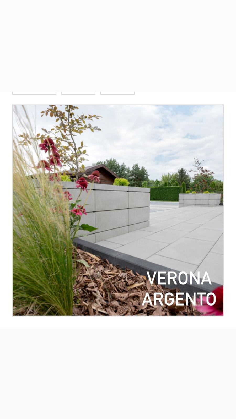 Nowoczesna aranżacja przestrzeni: szara kostka brukowa, donice z betonu architektonicznego, ozdobne trawy i kwiaty. Minimalistyczny design, Verona Argento.