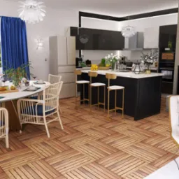 Nowoczesna kuchnia z wyspą i drewnianą podłogą. Białe krzesła rattanowe przy okrągłym stole. Niebieskie zasłony i designerskie lampy wiszące dopełniają aranżację.