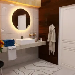 Nowoczesna łazienka z okrągłym lustrem podświetlanym LED, minimalistyczną umywalką i drewnianą ścianą. Szlafrok zawieszony obok białych drzwi.