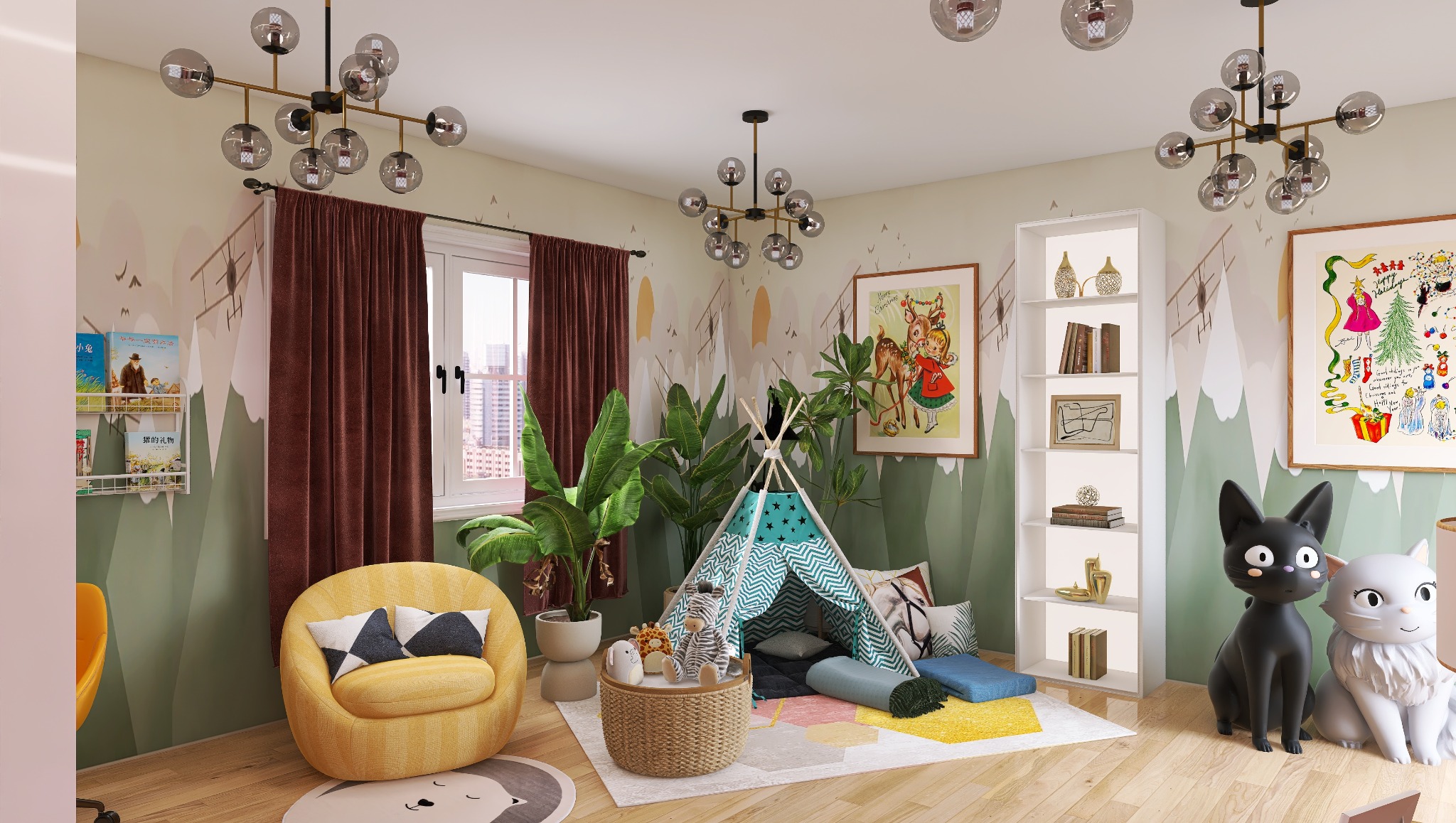 Pokój dziecięcy z tipi, żółtym fotelem i regałem na książki. Na ścianie tapeta w góry, a na podłodze dywanik w kształcie zwierzątka. Całość oświetlona lampami sufitowymi.