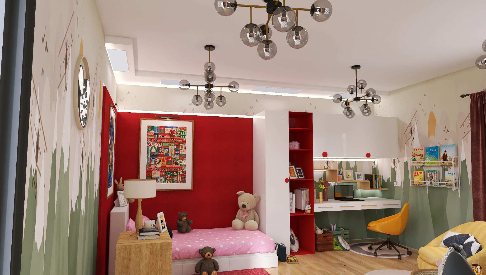 Pokój dziecięcy z łóżkiem, biurkiem i regałami, utrzymany w jasnej kolorystyce z czerwonymi akcentami. Na ścianie dekoracyjna tapeta i grafika w ramie. Oświetlenie sufitowe kuliste.