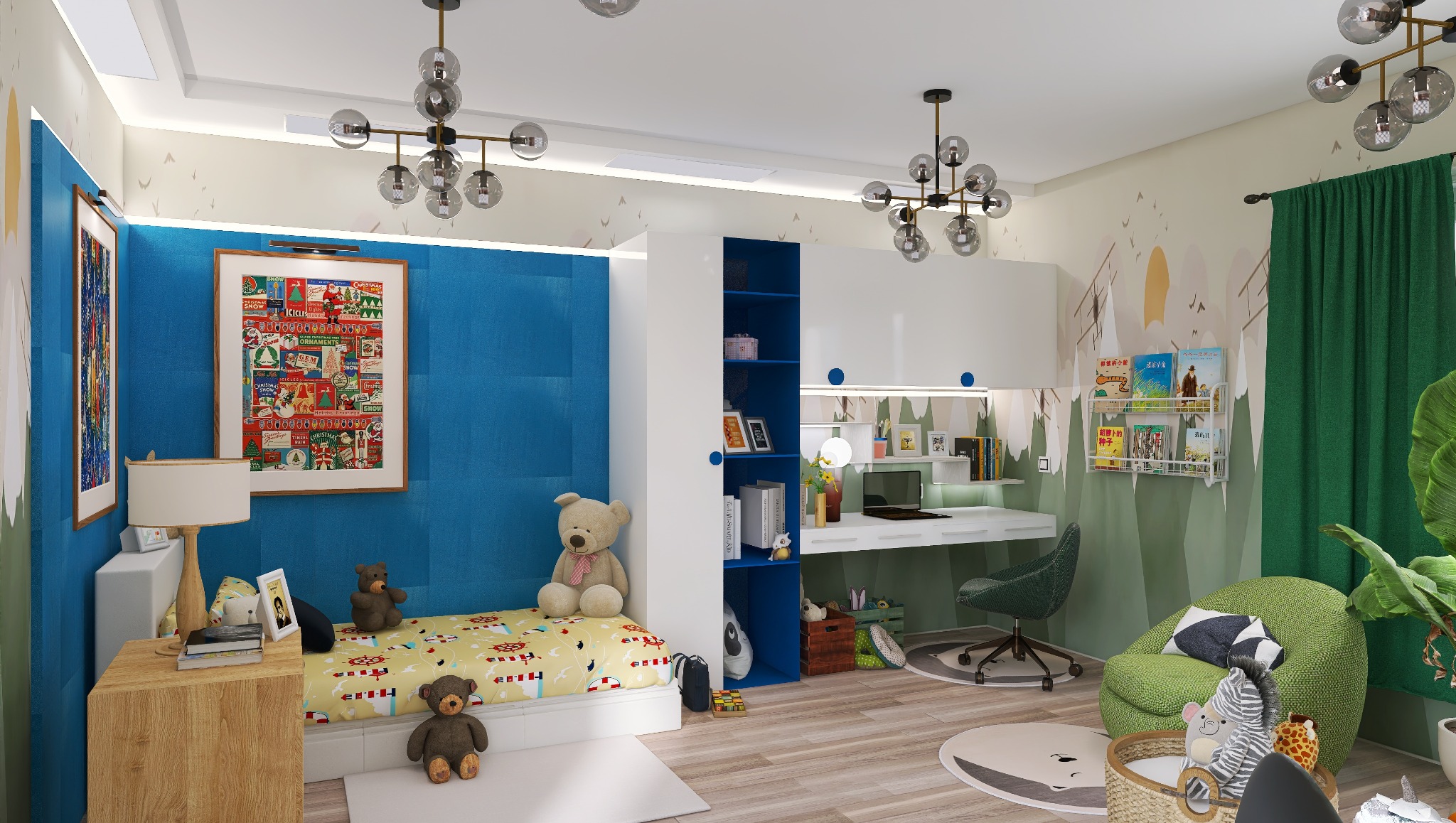Pokój dziecięcy z niebieską ścianą i łóżkiem, biurkiem z laptopem oraz zielonym fotelem. Ściany zdobią grafiki i lampy wiszące. Nowoczesny wystrój.