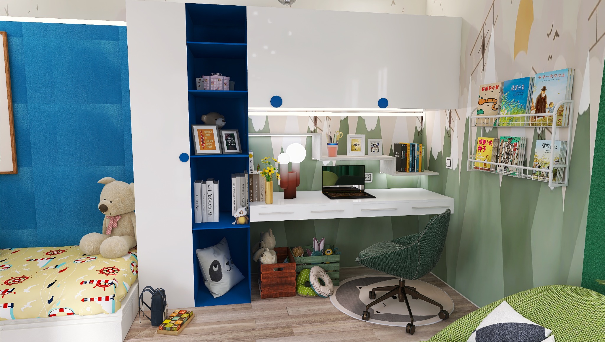 Pokój dziecięcy z łóżkiem, biurkiem i regałem w kolorach bieli i błękitu. Na biurku laptop, lampa i dekoracje. Ściana z tapetą w motywy roślinne.