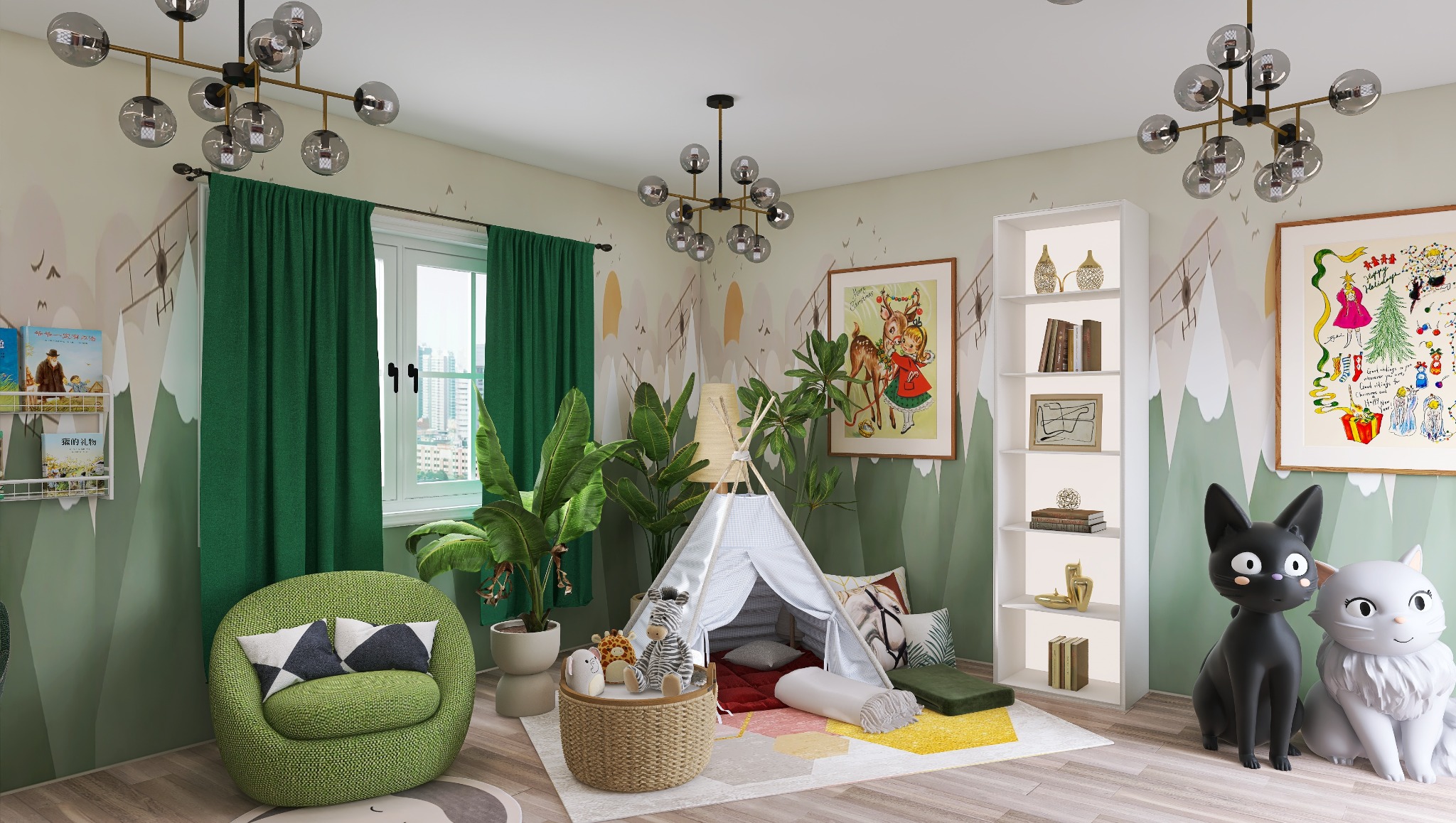 Pokój dziecięcy z zielonymi zasłonami, tipi, regałem, zabawkami i fotelikiem. Na ścianach tapeta w górskie motywy i ilustracje. Dwa koty-figurki.