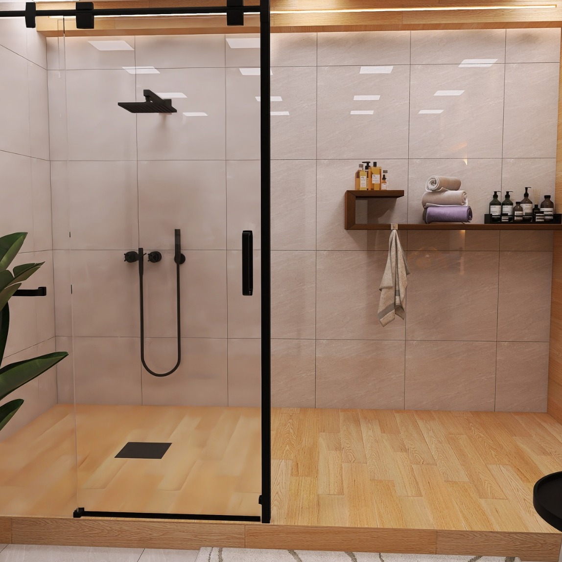 Nowoczesna kabina prysznicowa z czarnymi detalami: deszczownica, bateria, odpływ liniowy. Drewniana podłoga i półki z kosmetykami. Minimalistyczny design.