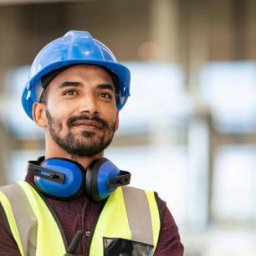 JOBHORA SPÓŁKA Z OGRANICZONĄ ODPOWIEDZIALNOŚCIĄ - Uśmiechnięty pracownik budowlany w kasku, kamizelce odblaskowej i słuchawkach ochronnych na tle rozmytej konstrukcji budynku.