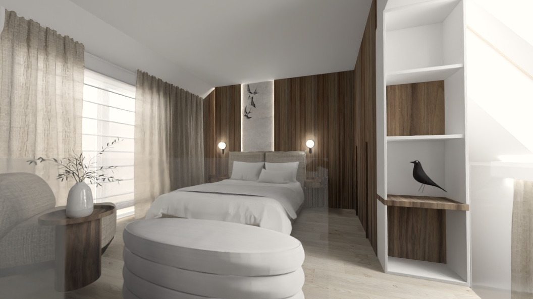 Wizualizacja sypialni z drewnianą ścianą, białym łóżkiem i pufą. Na półce biało-drewnianego regału stoi czarny ptak. Stonowana kolorystyka, naturalne światło.