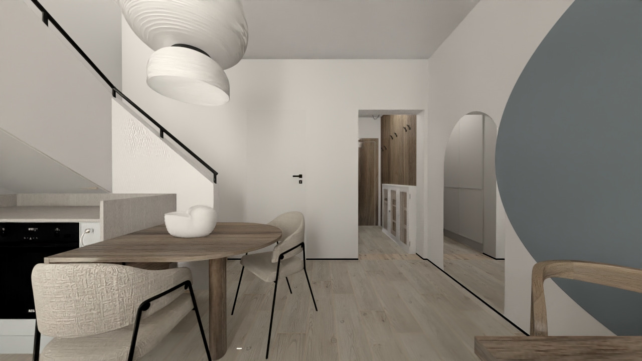 Wnętrze mieszkania z okrągłym stołem i krzesłami w minimalistycznym stylu. Widoczne schody, lampa i elementy dekoracyjne. Projekt z wykorzystaniem łuków.