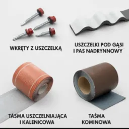 Zestawienie materiałów dekarskich: wkręty z uszczelką, uszczelki pod gąsiory, taśma uszczelniająca i kalenicowa, taśma kominowa. Prezentacja produktów na jasnym tle.