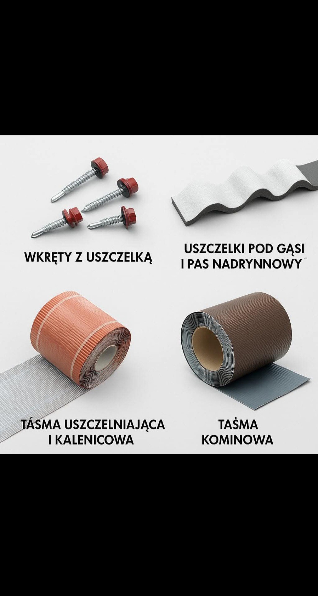 Zestawienie materiałów dekarskich: wkręty z uszczelką, uszczelki pod gąsiory, taśma uszczelniająca i kalenicowa, taśma kominowa. Prezentacja produktów na jasnym tle.
