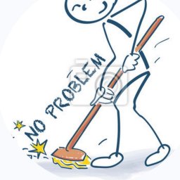 MF SERWIS - Rysunek liniowy: uśmiechnięta postać zamiata podłogę, z napisem 'No Problem', sugerującym łatwe i skuteczne sprzątanie.