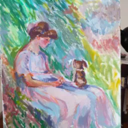 Obraz olejny na płótnie przedstawia kobietę z psem w ogrodzie, w stylu impresjonistycznym. Widoczne pociągnięcia pędzla i pastelowa kolorystyka. Obraz stoi na drewnianej sztaludze.