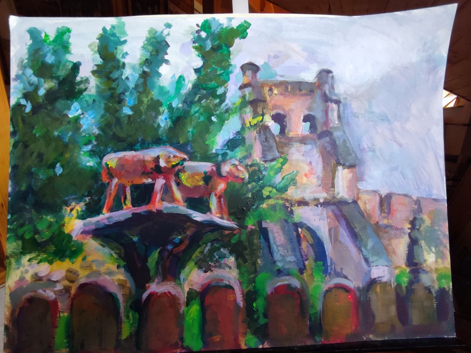 Obraz olejny przedstawiający fontannę z rzeźbami jeleni na tle zamku i drzew, w ciepłej palecie barw z widoczną fakturą pędzla.