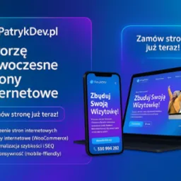 Prezentacja responsywnej strony internetowej na laptopie i smartfonie z hasłem 'Zbuduj Swoją Wizytówkę!', nowoczesny design, domena PatrykDev.pl i numer telefonu.