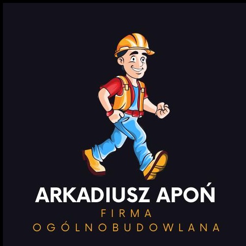 Ilustracja: Uśmiechnięty budowlaniec w kasku, logo firmy 'Arkadiusz Apoń Firma Ogólnobudowlana' na ciemnym tle. Grafika w stylu cartoon.