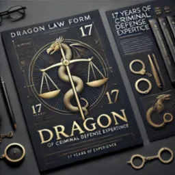 Grafika z motywem smoka i wagi sprawiedliwości, symbolizująca 17 lat doświadczenia w obronie karnej. Obok kajdanki i kodeksy, całość w złoto-czarnej tonacji.