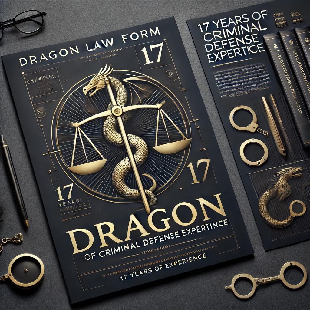 Grafika z motywem smoka i wagi sprawiedliwości, symbolizująca 17 lat doświadczenia w obronie karnej. Obok kajdanki i kodeksy, całość w złoto-czarnej tonacji.