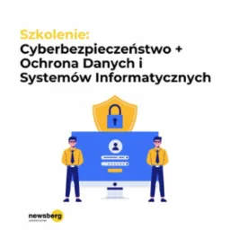 Grafika promująca szkolenie z cyberbezpieczeństwa i ochrony danych. Ilustracja monitora z ikonami logowania, strażników i tarczy z kłódką.