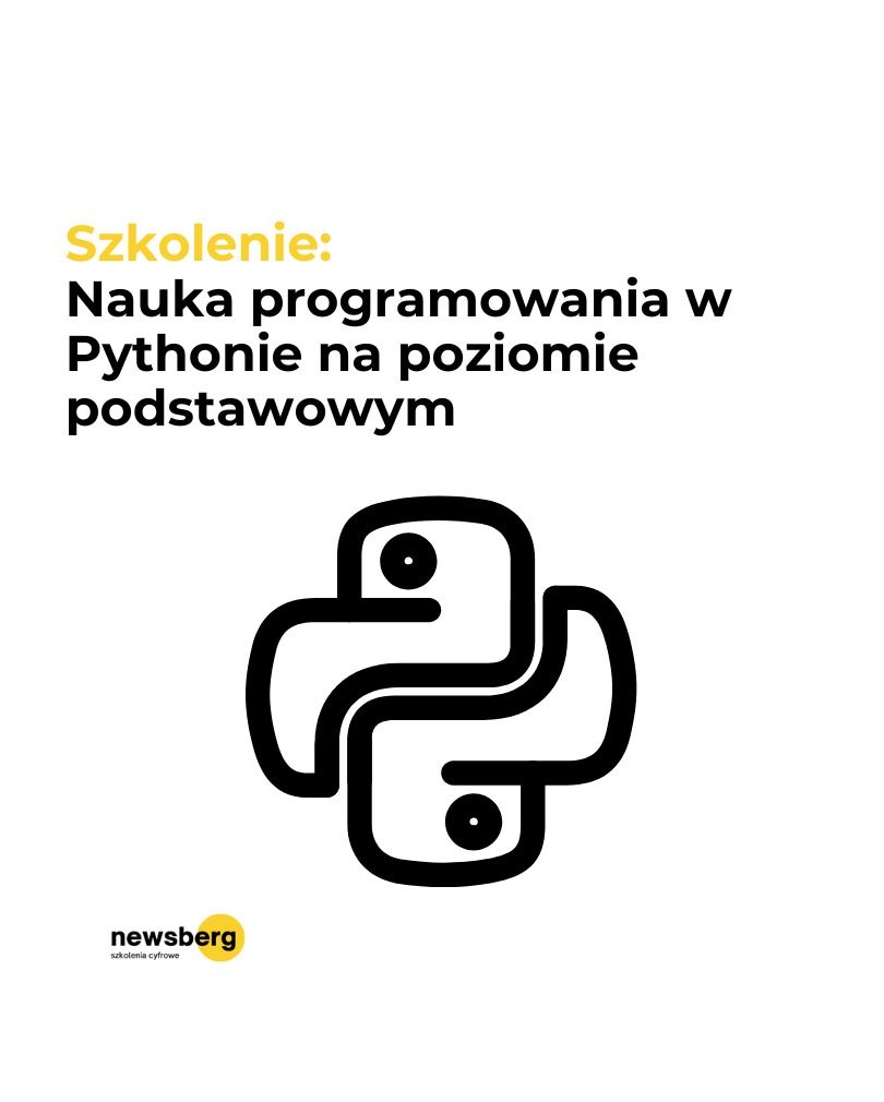 Grafika szkolenia z programowania w Pythonie na poziomie podstawowym z logo newsberg i symbolem Pythona na białym tle. Żółty napis 'Szkolenie'.