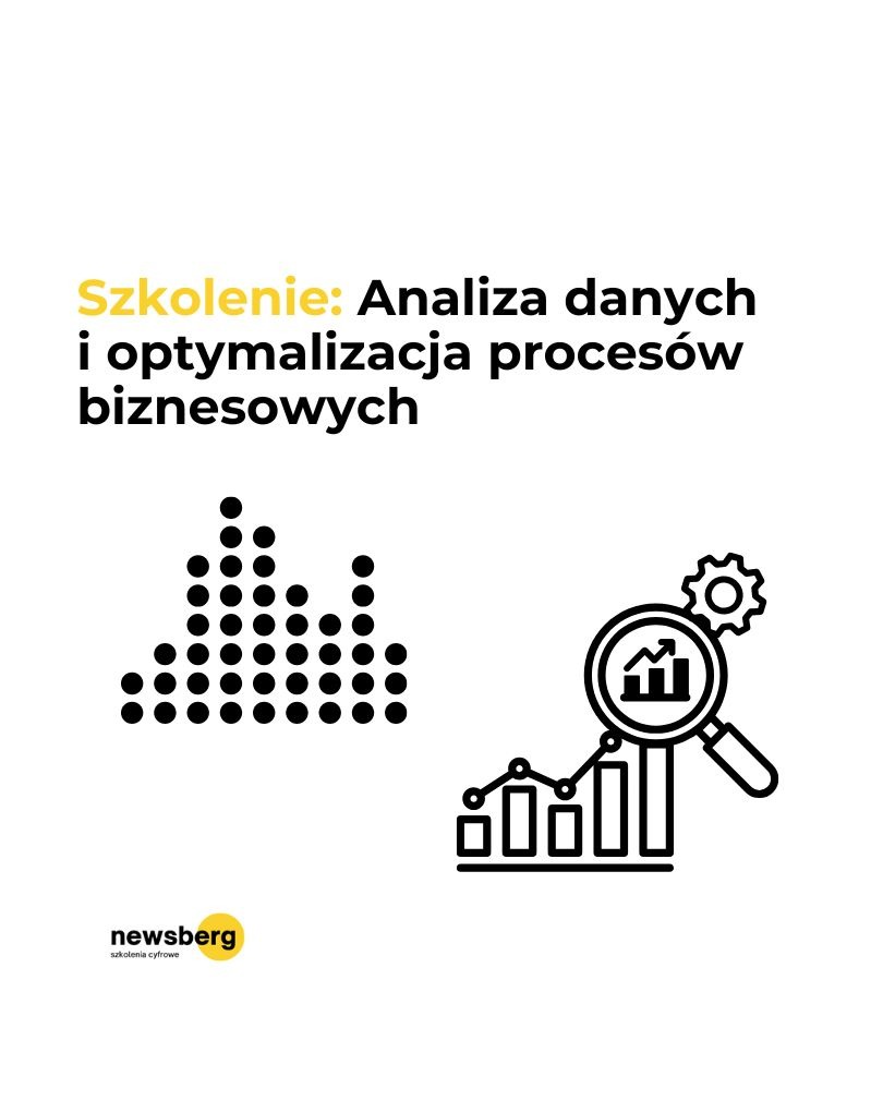 Grafika: Szkolenie z analizy danych i optymalizacji procesów biznesowych. Wykres słupkowy, lupa z ikoną wzrostu, logo firmy Newsberg. Szkolenia cyfrowe.