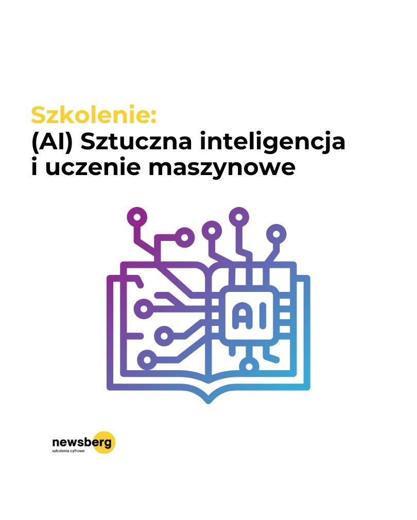 Grafika kursu AI i uczenia maszynowego w Krakowie. Stylizowana ikona książki z motywem układu scalonego i napisem 'AI'. Żółty napis 'Szkolenie'.