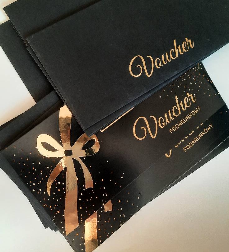 Voucher upominkowy 3D + złocenie - projekt i druk