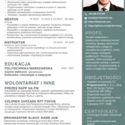 Profesjonalne CV Jana Owsiaka, studenta elektroniki, z doświadczeniem w programowaniu i zarządzaniu projektami. Widoczne profilowe zdjęcie i lista umiejętności.