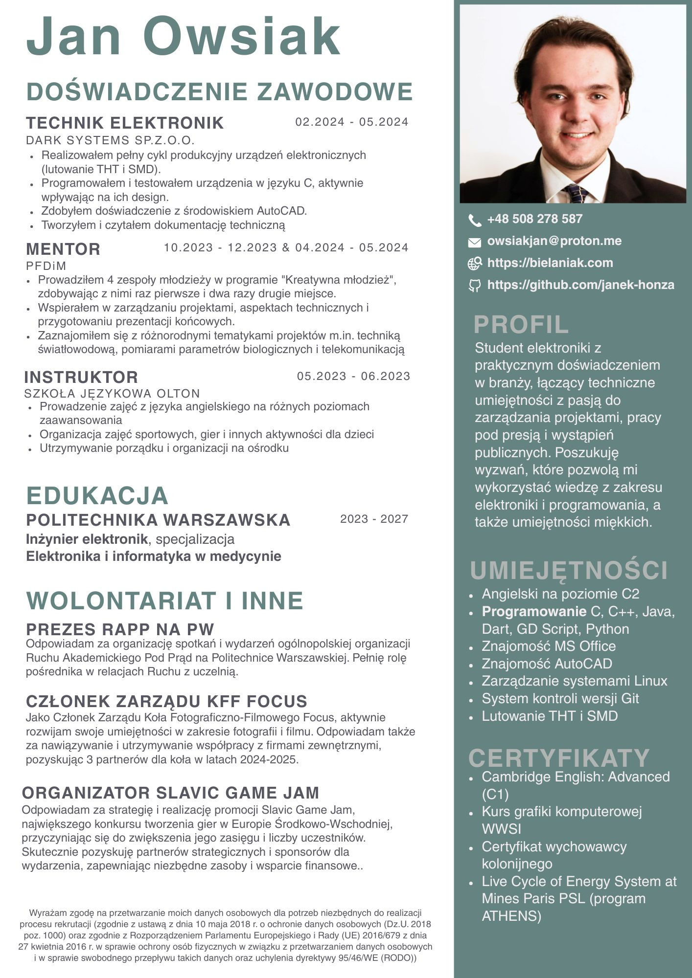 Profesjonalne CV Jana Owsiaka, studenta elektroniki, z doświadczeniem w programowaniu i zarządzaniu projektami. Widoczne profilowe zdjęcie i lista umiejętności.