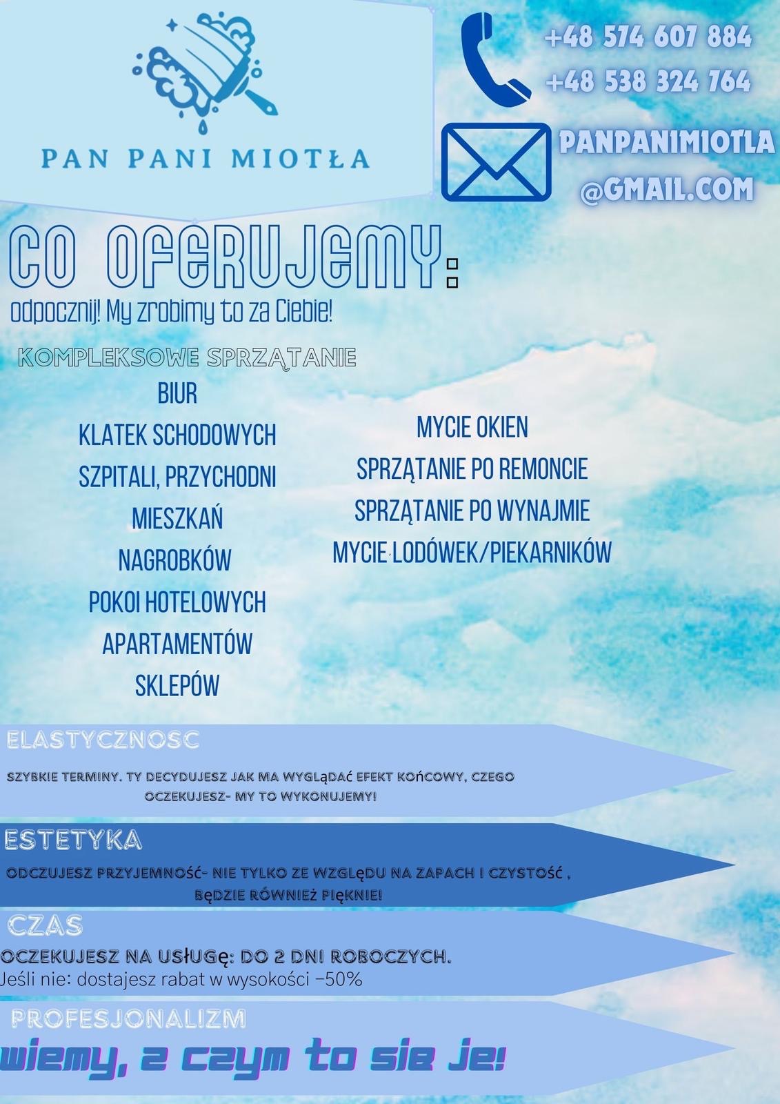 Grafika reklamowa firmy sprzątającej: oferta kompleksowego sprzątania biur, mieszkań, po remoncie, mycie okien, elastyczność, estetyka, szybki czas realizacji.