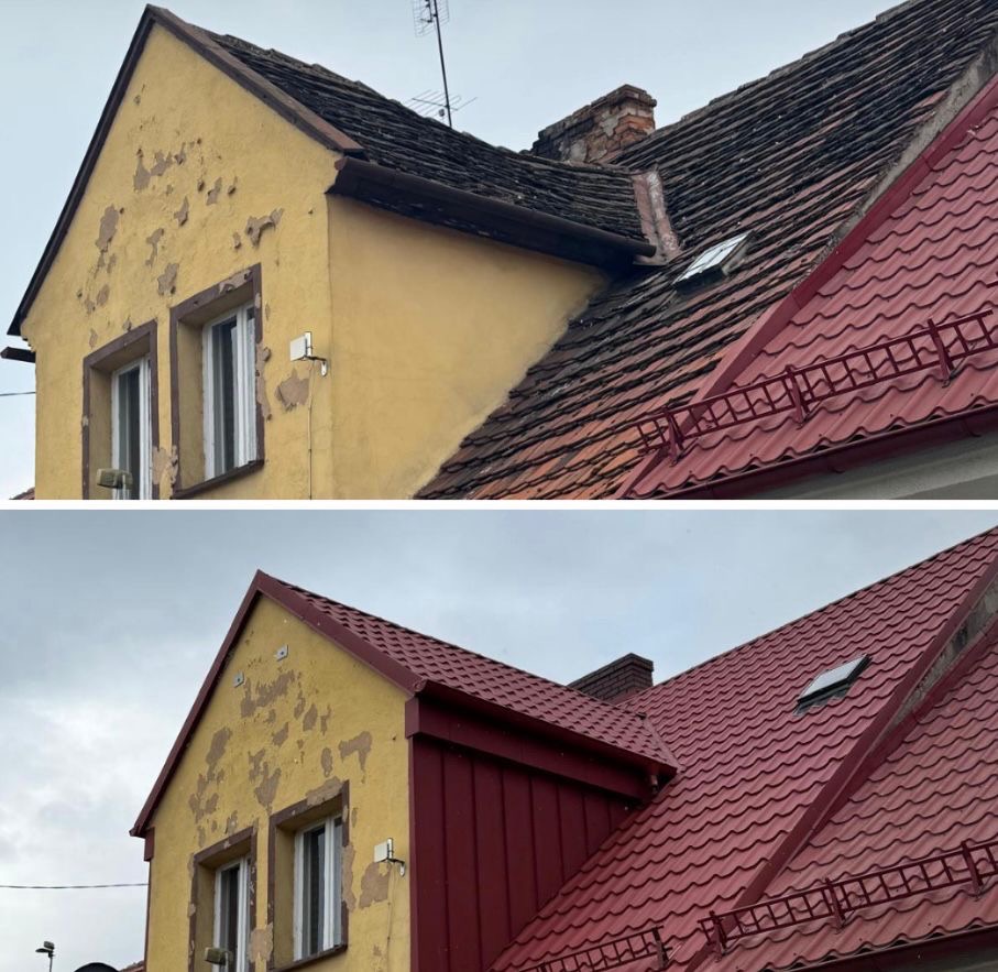Zdjęcie 'przed i po' wymiany dachu na budynku z żółtą elewacją. Stara, brązowa dachówka zastąpiona nową, czerwoną blachodachówką. Widoczne okno dachowe i komin.