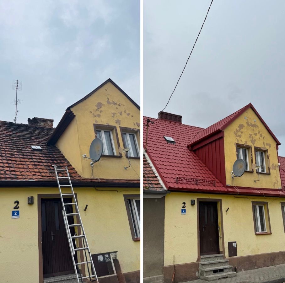 Dom przed i po wymianie dachu na czerwony, blaszany. Po lewej stary, brązowy dach z anteną, po prawej nowy, z oknem dachowym i nową obróbką blacharską. Widoczna drabina.