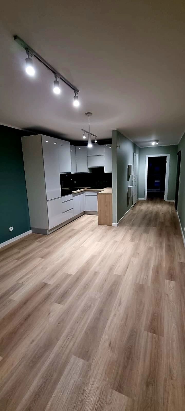 Jasne panele podłogowe w nowocześnie urządzonym wnętrzu z kuchnią w tle. Widoczne oświetlenie sufitowe i fragmenty ścian w odcieniach zieleni.