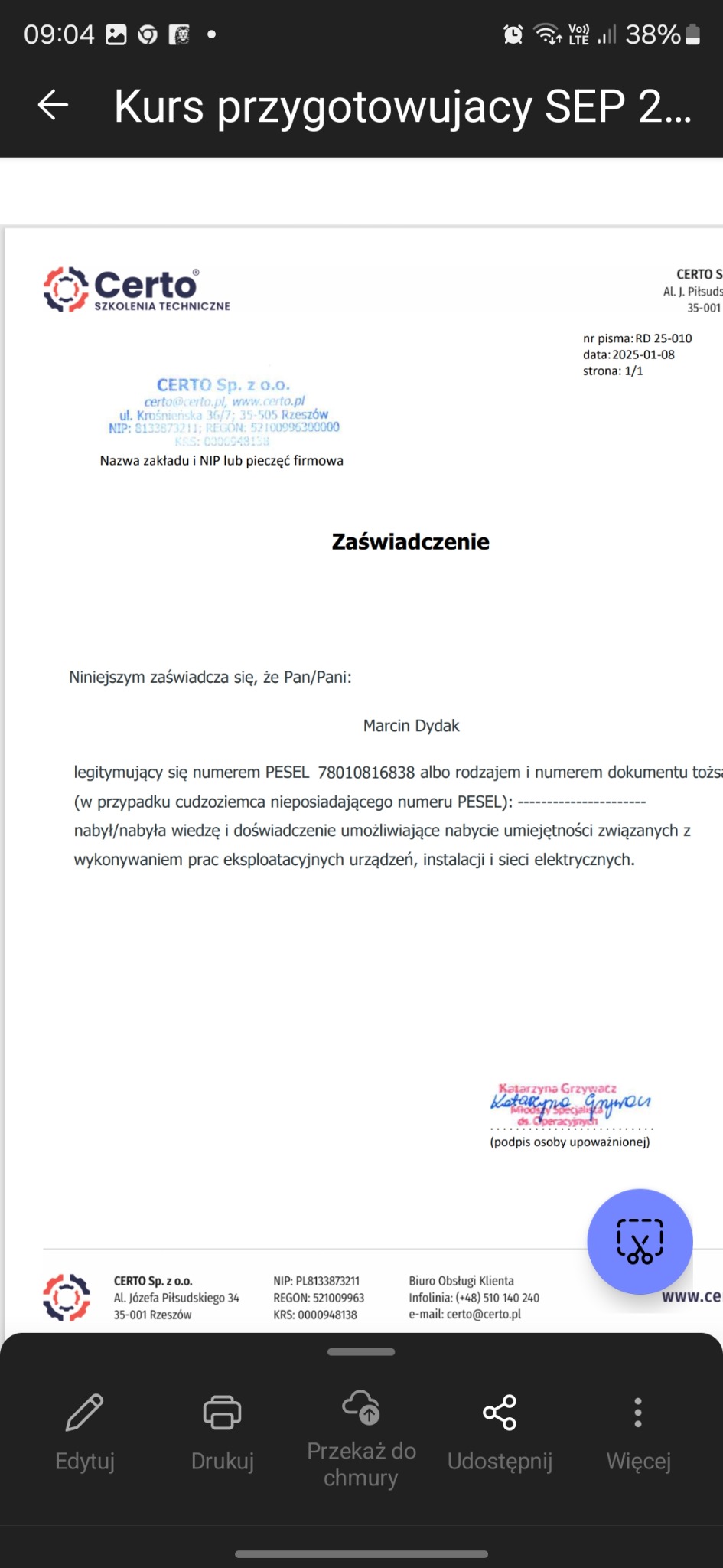 Skan zaświadczenia o ukończeniu kursu SEP przez Marcina Dydaka, potwierdzającego nabycie umiejętności z zakresu eksploatacji urządzeń elektrycznych.
