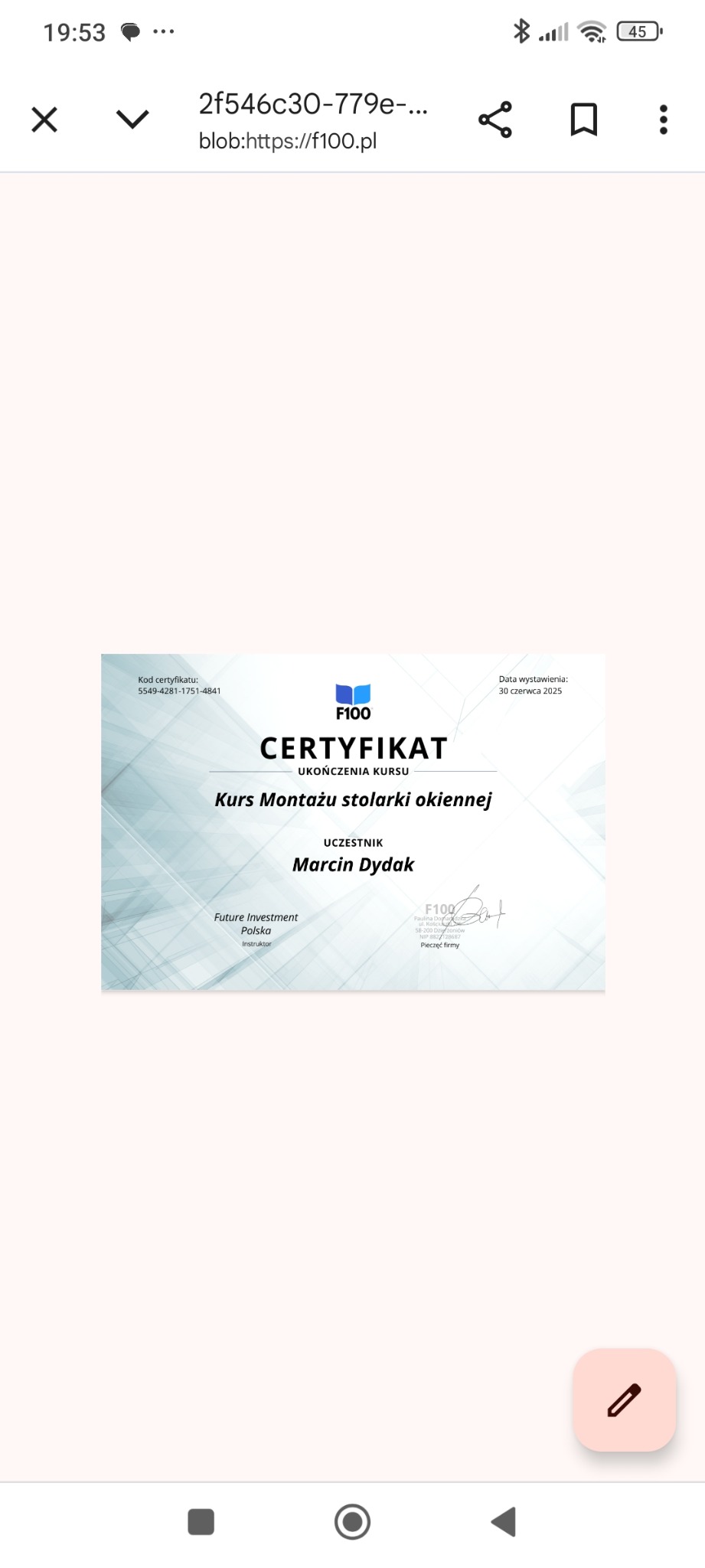 Certyfikat ukończenia kursu montażu stolarki okiennej dla Marcina Dydaka, wydany przez Future Investment Polska, z datą wystawienia 30 czerwca 2025.