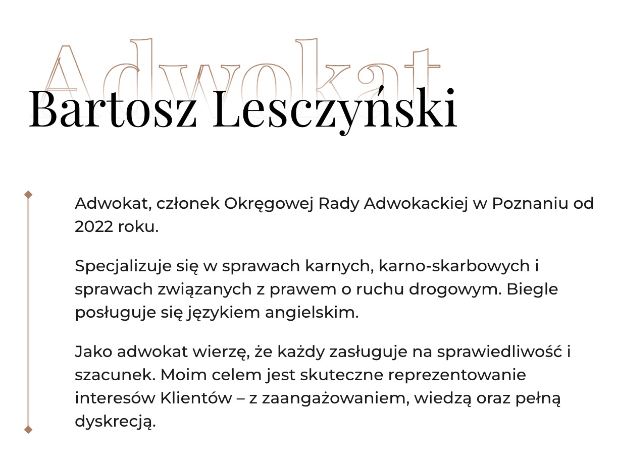 Elegancki baner reklamowy adwokata Bartosza Leszczyńskiego z informacjami o specjalizacji w sprawach karnych i znajomości języka angielskiego.