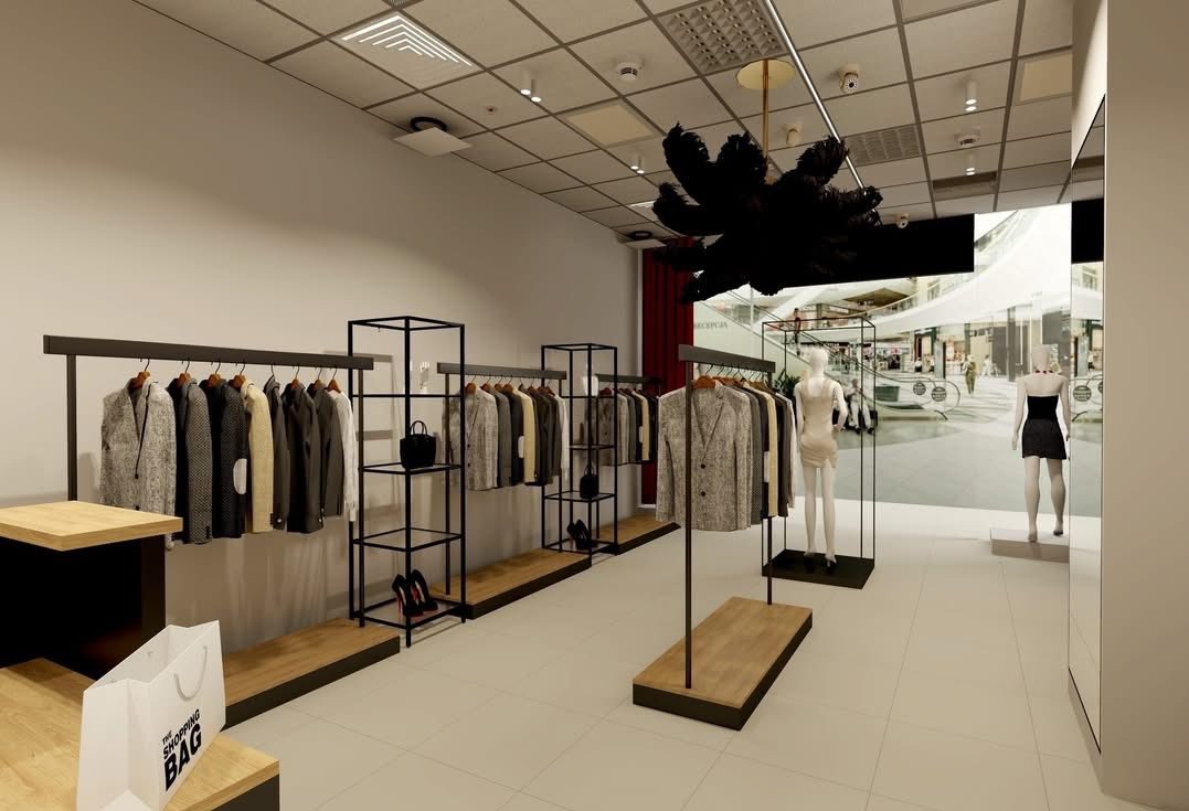 Projekt aranżacji wnętrza butiku odzieżowego z minimalistycznymi regałami na ubrania, manekinami i dekoracyjnym oświetleniem sufitowym.