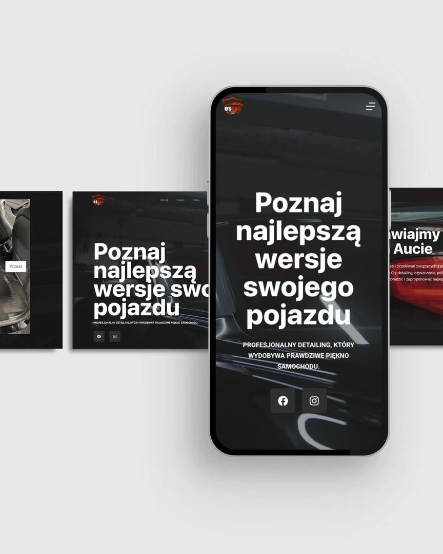 Prezentacja responsywnej strony www na smartfonie i ekranach obok. Strona dotyczy detailingu samochodowego i zawiera hasło: Poznaj najlepszą wersję swojego pojazdu.