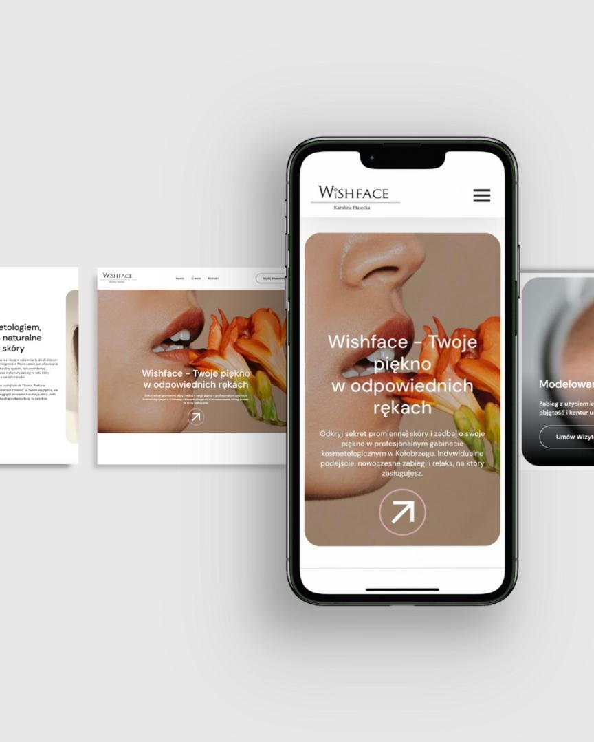 Prezentacja strony internetowej Wishface na ekranie smartfona, obok widoczne fragmenty strony na komputerze. Minimalistyczny design, pastelowa kolorystyka, kwiatowe motywy.