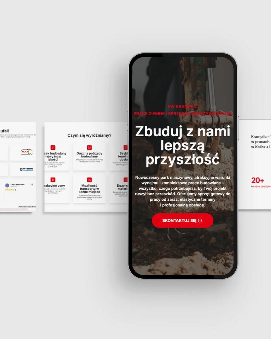 Strona WWW firmy z branży robót ziemnych na ekranie smartfona. Prezentacja oferty i kontaktu w Poznaniu. Grafika z prac ziemnych w tle.