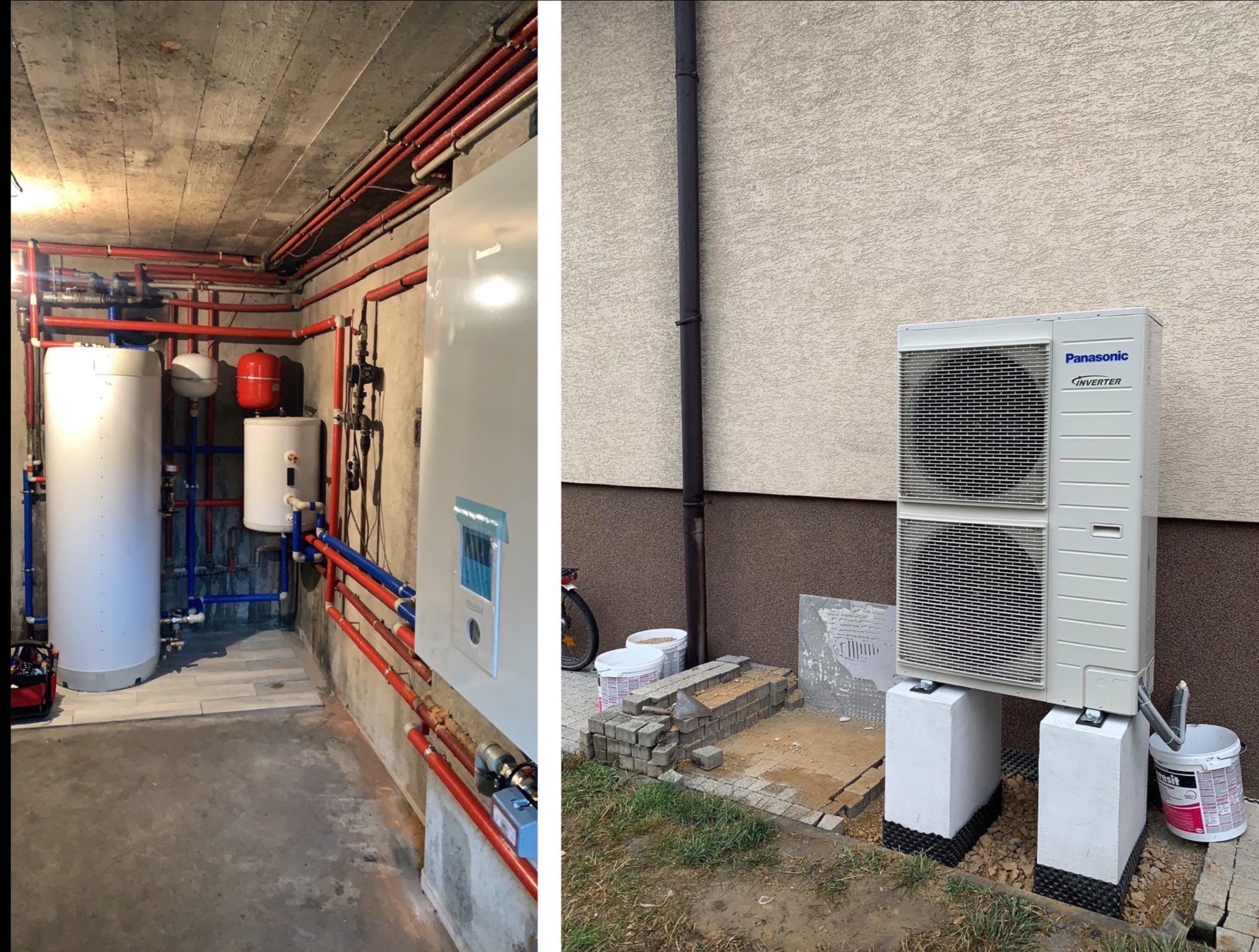Kotłownia z instalacją CO i pompa ciepła Panasonic Inverter na zewnątrz budynku. Czerwone rury, białe zbiorniki, betonowe podłoże i ściany.