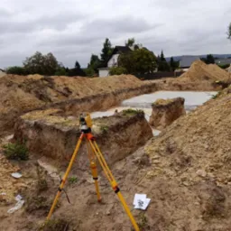 Wytyczanie fundamentów budynku z użyciem niwelatora na statywie. Wykopane rowy fundamentowe, teren budowy z hałdami ziemi. Widok na dom w tle.