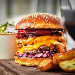 Apetyczny, dwuwarstwowy burger z serem cheddar, bekonem i czerwoną cebulą, podany na drewnianej desce z sałatką i ziemniakami, w otoczeniu jasnego tła.