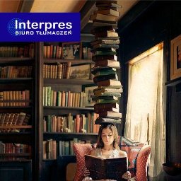 INTERPRES BIURO TŁUMACZEŃ - Kobieta czyta książkę z wieżą książek na głowie, w tle regał z książkami i okno. Nietypowe ujęcie sugeruje erudycję i bogactwo wiedzy.